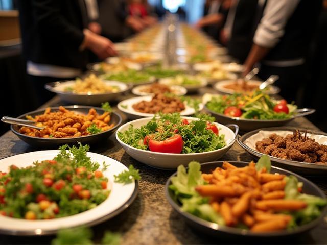 Corporate event buffet spread with fresh salads and gourmet dishes under warm lighting
