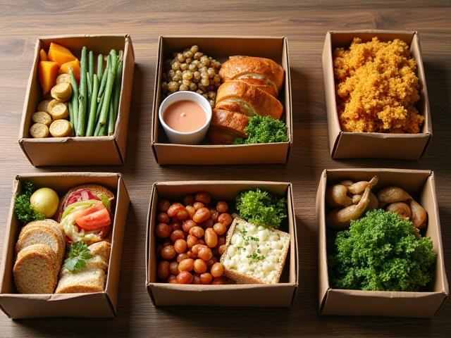 Corporate lunch delivery showcasing boxed gourmet meals arranged neatly on a wooden table