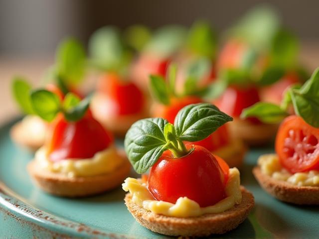 Close-up of a canapé platter featuring vibrant and fresh ingredients, styled elegantly