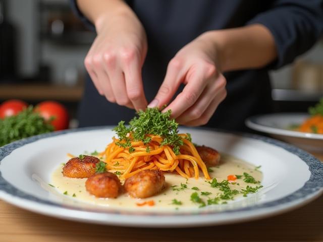 Food stylist carefully preparing an elaborate and colorful dish presentation for an event