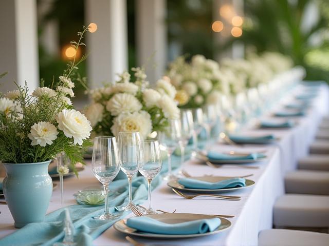 Wedding banquet adorned with coastal floral arrangements and elegant table settings