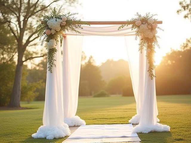 Outdoor wedding ceremony setup featuring a white canopy with coastal floral decorations