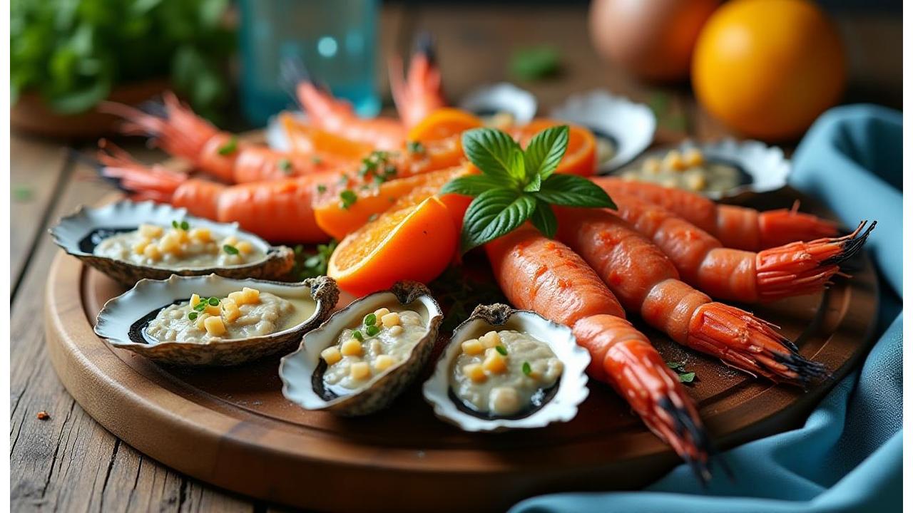 Striking styled seafood platter on rustic wooden table, fresh and vibrant colours emphasizing freshness and coastal cuisine