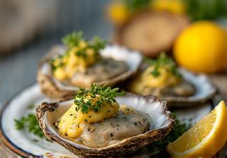 Grilled oysters with herb butter and fresh lemon topping, served on coastal dishware