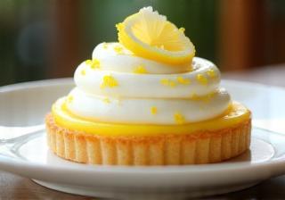 Lemon tart dessert with fresh lemon zest and whipped cream on a crisp base