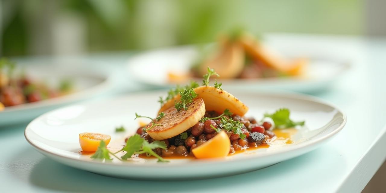 Plated entrées artfully arranged on white ceramic dishes with fresh garnishes